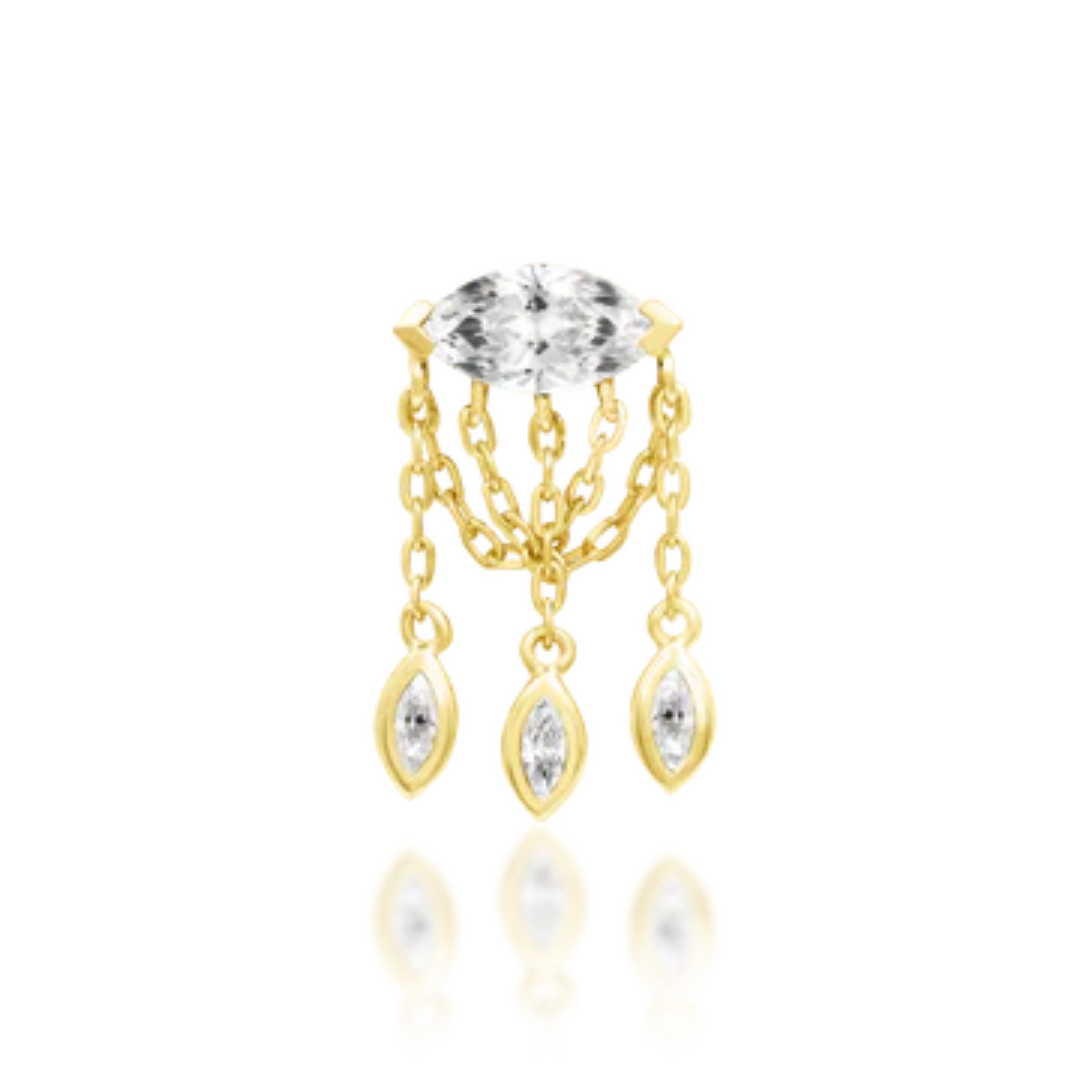 Very shiny 14k gold body jewellery featuring a marquise-cut clear cubic zirconia with triple gold chain dangles, each adorned with a matching marquise-cut CZ charm. A glamorous choice for helix, flat, or lobe piercings