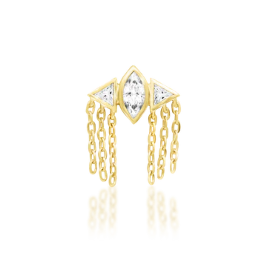 Very shiny 14k gold body jewellery featuring a marquise-cut clear cubic zirconia flanked by two triangle-cut CZ stones, with cascading gold chains for added movement. A luxe statement for helix, flat, or lobe piercings