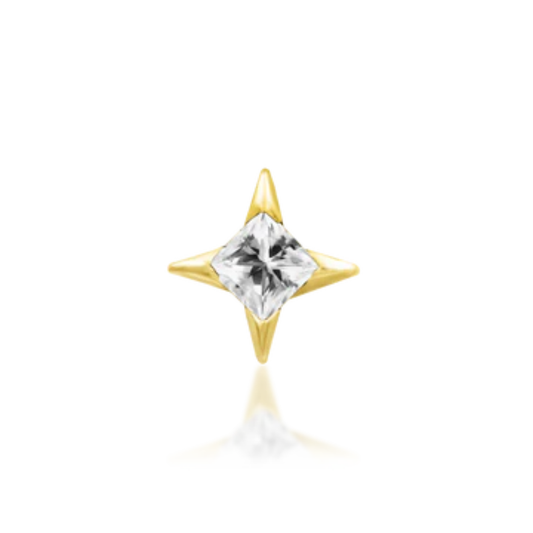 Very shiny 14k gold body jewellery featuring a square-cut clear cubic zirconia in a pointed north star-inspired setting. A radiant choice for helix, tragus, or flat piercings