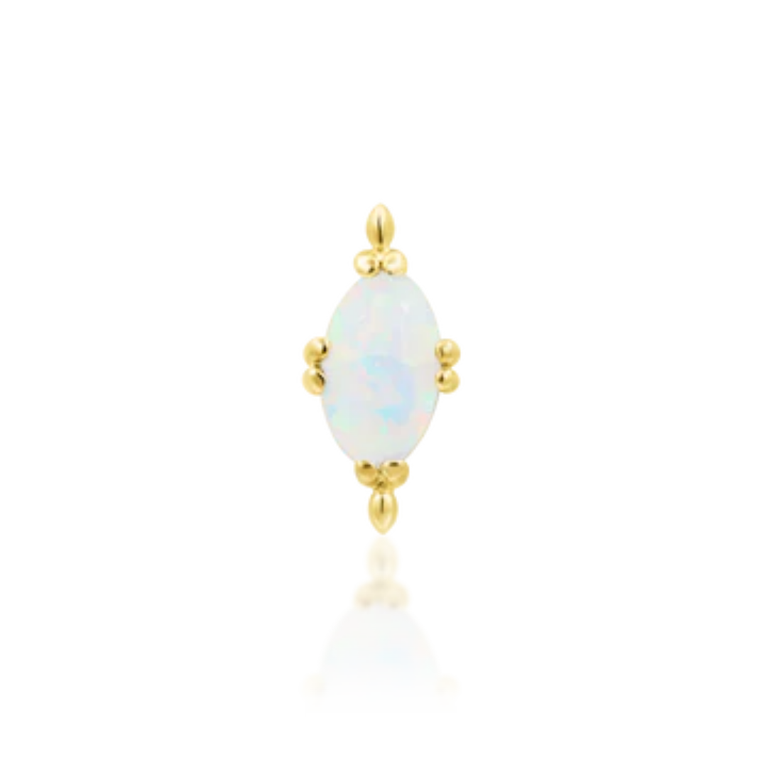 14k yellow gold piercing end featuring an oval opal centre stone with delicate gold bead accents on all sides