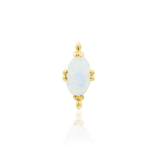 14k yellow gold piercing end featuring an oval opal centre stone with delicate gold bead accents on all sides