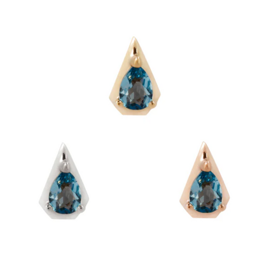 14k gold Alaia threadless end with pear cut London Blue Topaz gemstone, shown in yellow gold, white gold, and rose gold