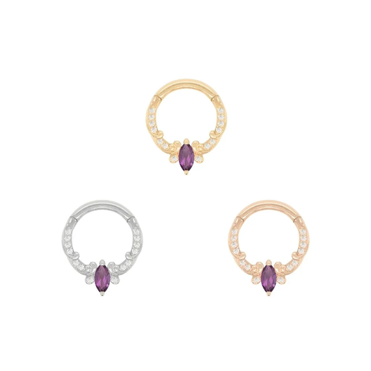 14k gold Coterie clicker ring with marquise cut amethyst and clear accent stones, shown in yellow gold, white gold, and rose gold
