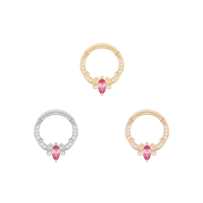 14k gold Coterie clicker ring with marquise cut pink tourmaline and clear accent stones, shown in yellow gold, white gold, and rose gold
