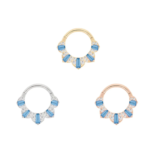 14k gold clicker ring for septum, daith, or helix piercings featuring alternating baguette-cut London blue topaz and pavé-set diamonds in a fan-style design