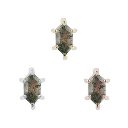 14k gold Hell Yes threadless end with hexagon cut moss agate gemstone held by six gold prongs, shown in yellow gold, white gold, and rose gold