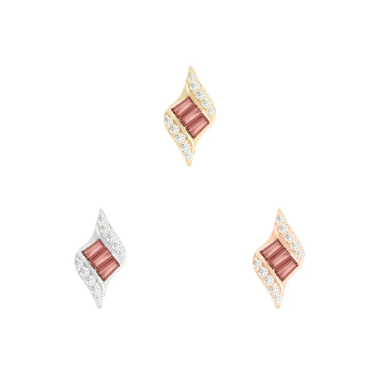 14k gold threadless piercing attachment featuring baguette-cut garnet stones framed by curved pavé-set cubic zirconia, suitable for helix, flat, or lobe piercings