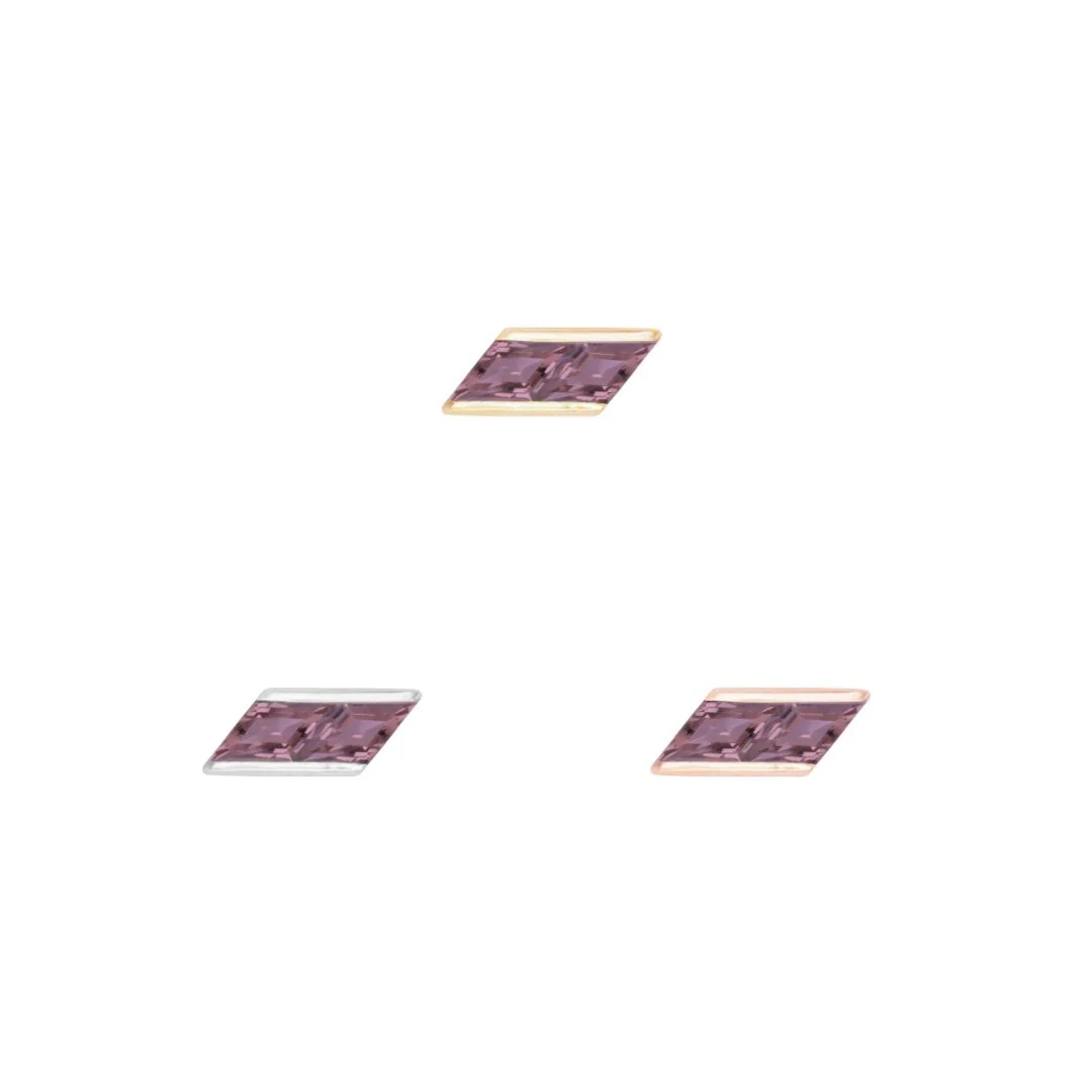14k gold threadless piercing attachment with a diamond-shaped bezel-set amethyst, suitable for lobe, flat, or helix piercings