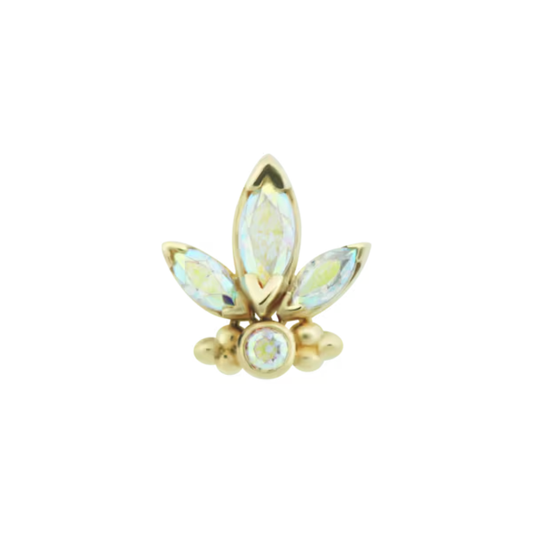 Close-up of a 14k gold piercing end set with three marquise-cut gems and one central round stone, finished with polished gold accents for a radiant and luxurious look.