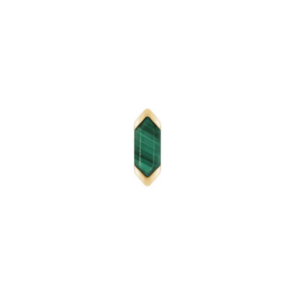 14k gold hexagon threadless end with polished green malachite gemstone showing natural banded pattern, luxury piercing jewellery
