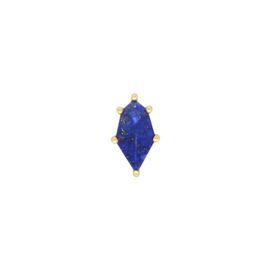 14k gold threadless end with kite shaped lapis lazuli gemstone secured by six gold prongs, luxury body piercing jewellery