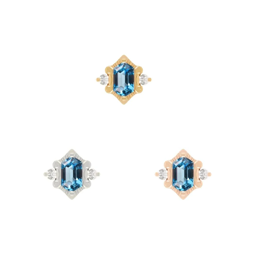 14k gold Reyna threadless end with emerald cut London Blue Topaz and clear accent stones, shown in yellow gold, white gold, and rose gold