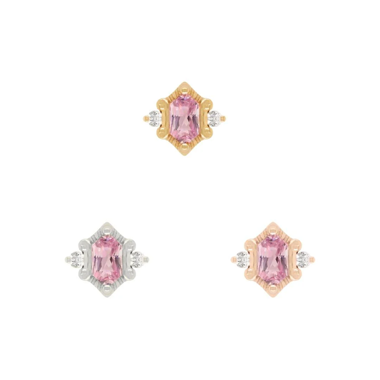 14k gold Reyna threadless end with emerald cut pink tourmaline and clear accent stones, shown in yellow gold, white gold, and rose gold