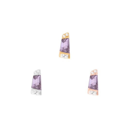 14k gold Saboteur threadless end with tapered amethyst and clear accent stones, shown in yellow gold, white gold, and rose gold