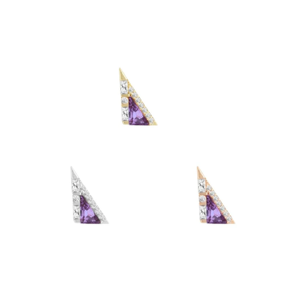 14k gold Transmission threadless end with triangular amethyst and clear accent stones, shown in yellow gold, white gold, and rose gold