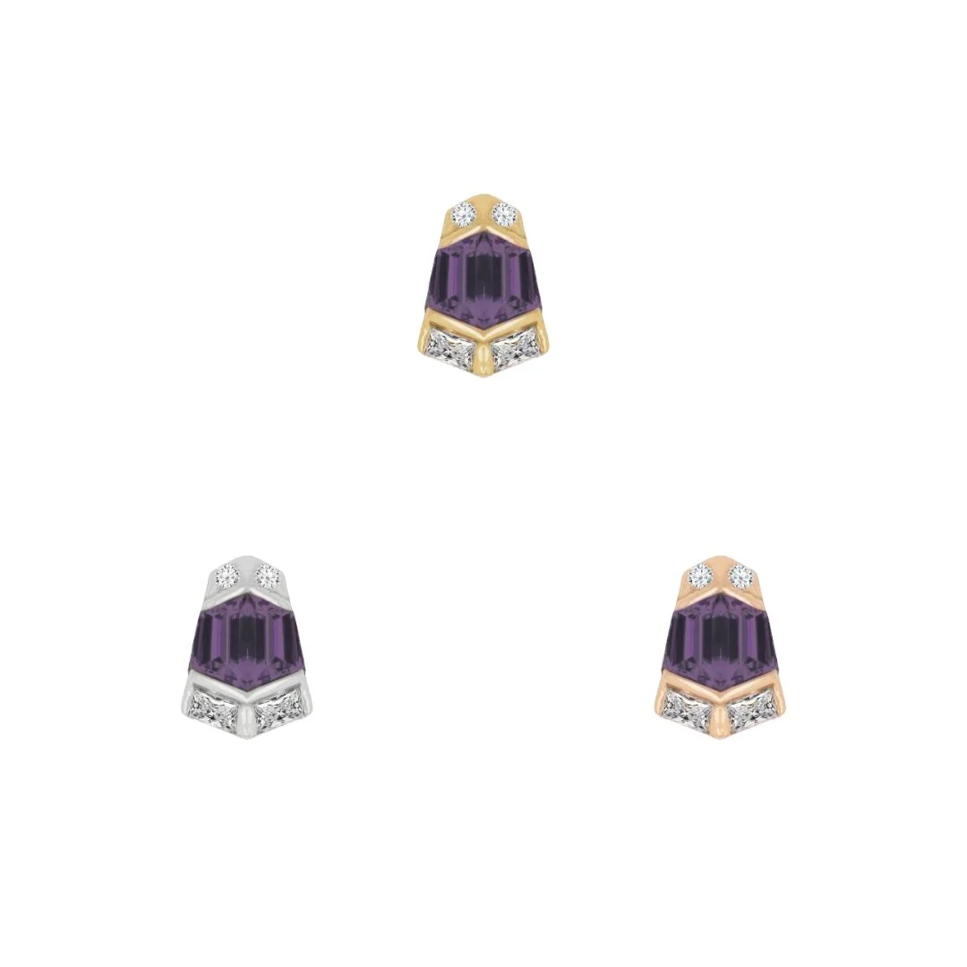 14k gold Vera threadless end with step cut amethyst and clear accent stones, shown in yellow gold, white gold, and rose gold