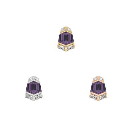 14k gold Vera threadless end with step cut amethyst and clear accent stones, shown in yellow gold, white gold, and rose gold