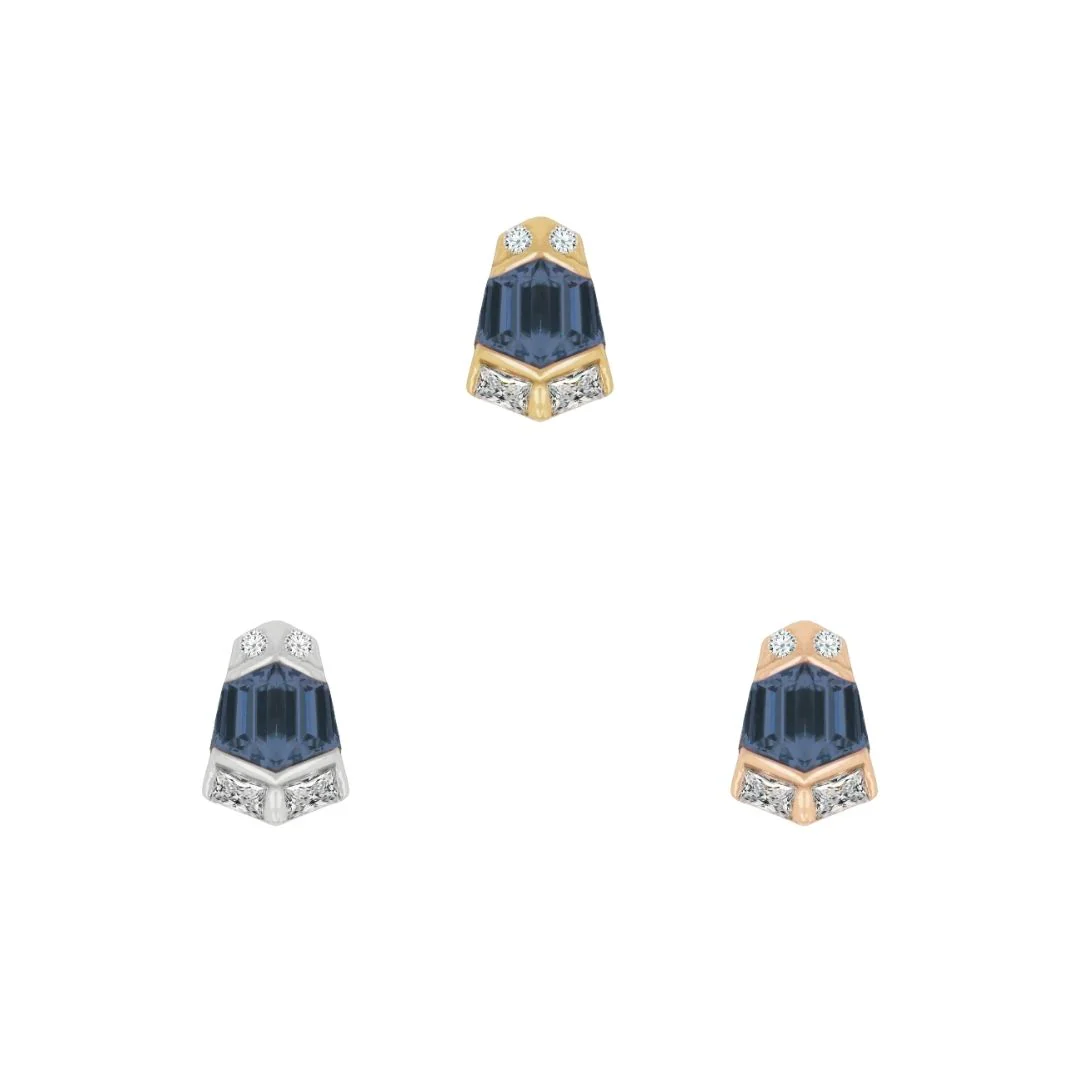 14k gold Vera threadless end with step cut London Blue Topaz and clear accent stones, shown in yellow gold, white gold, and rose gold