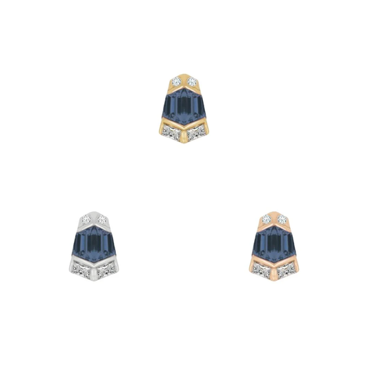 14k gold Vera threadless end with step cut London Blue Topaz and clear accent stones, shown in yellow gold, white gold, and rose gold