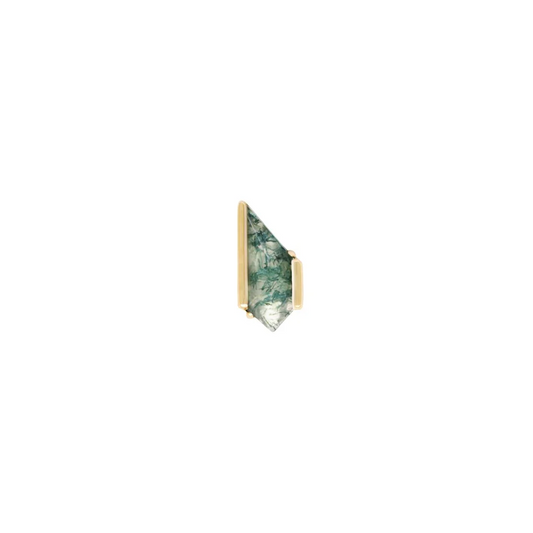 14k gold threadless end with asymmetrical moss agate gemstone framed by modern gold bar setting, luxury piercing jewellery