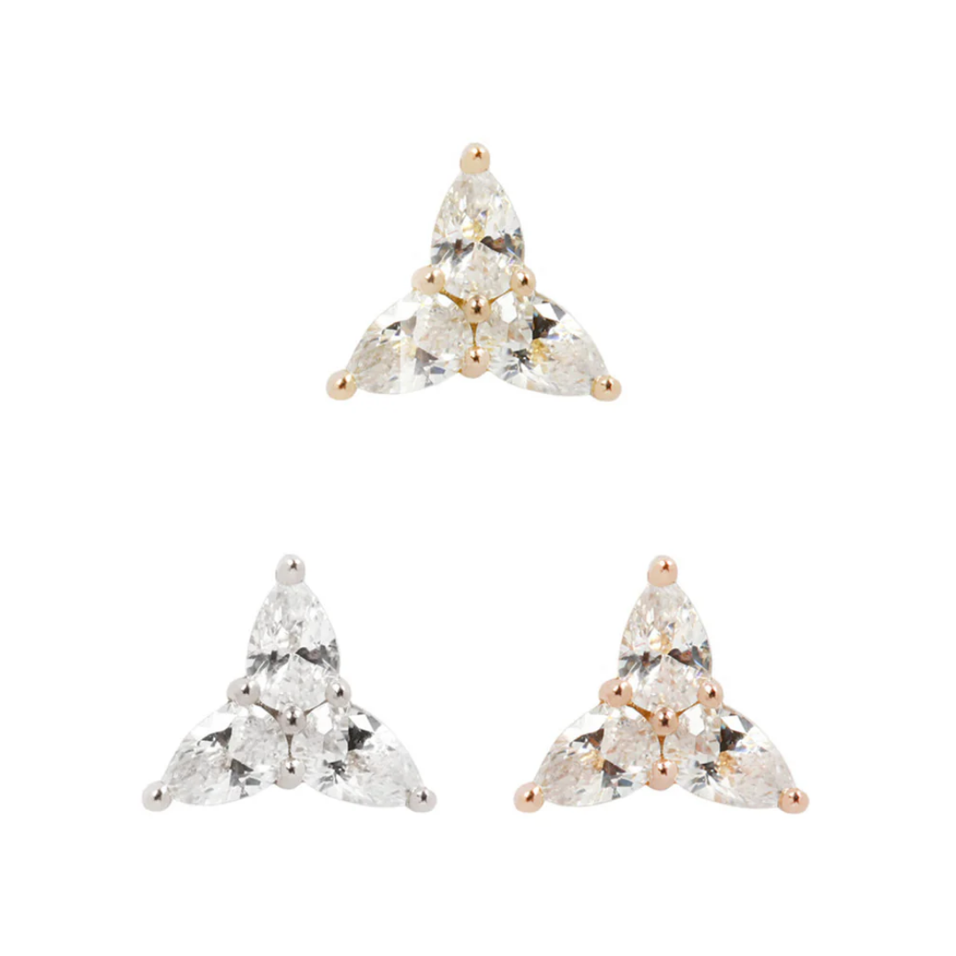 3 Little Pears 14k Gold Threadless End – Luxury Trillion-Shaped Pear Gem Piercing in Yellow, White & Rose Gold