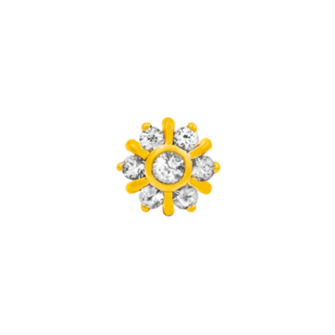 Gold cluster end with seven clear CZ gems in a radiant floral design for piercings