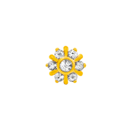 Gold cluster end with seven clear CZ gems in a radiant floral design for piercings
