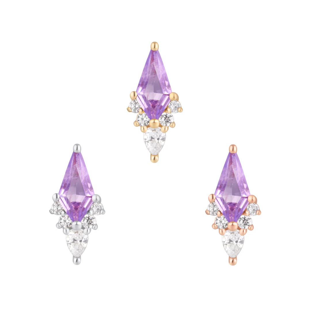 Afterglow Amethyst + CZ Threadless End – Elegant 14k Gold Body Jewelry in Yellow, White & Rose Gold