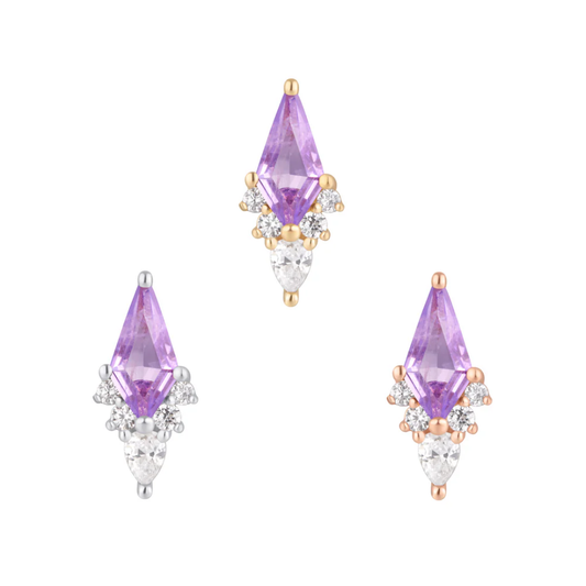Afterglow Amethyst + CZ Threadless End – Elegant 14k Gold Body Jewelry in Yellow, White & Rose Gold