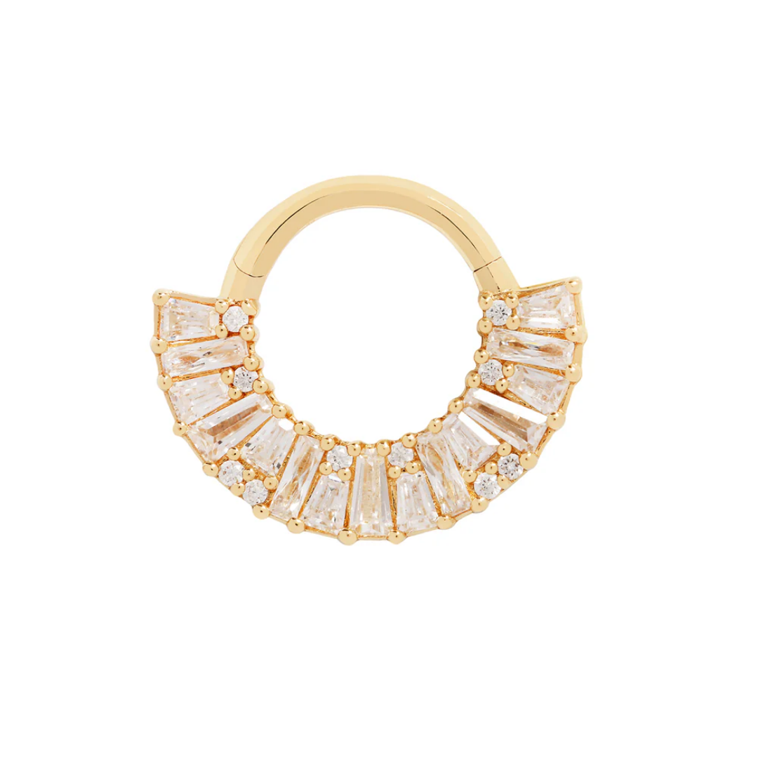 Amplify CZ Clicker – 14k Gold Hinged Ring with Baguette and Round Cubic Zirconia for Septum, Daith, and Cartilage Piercings