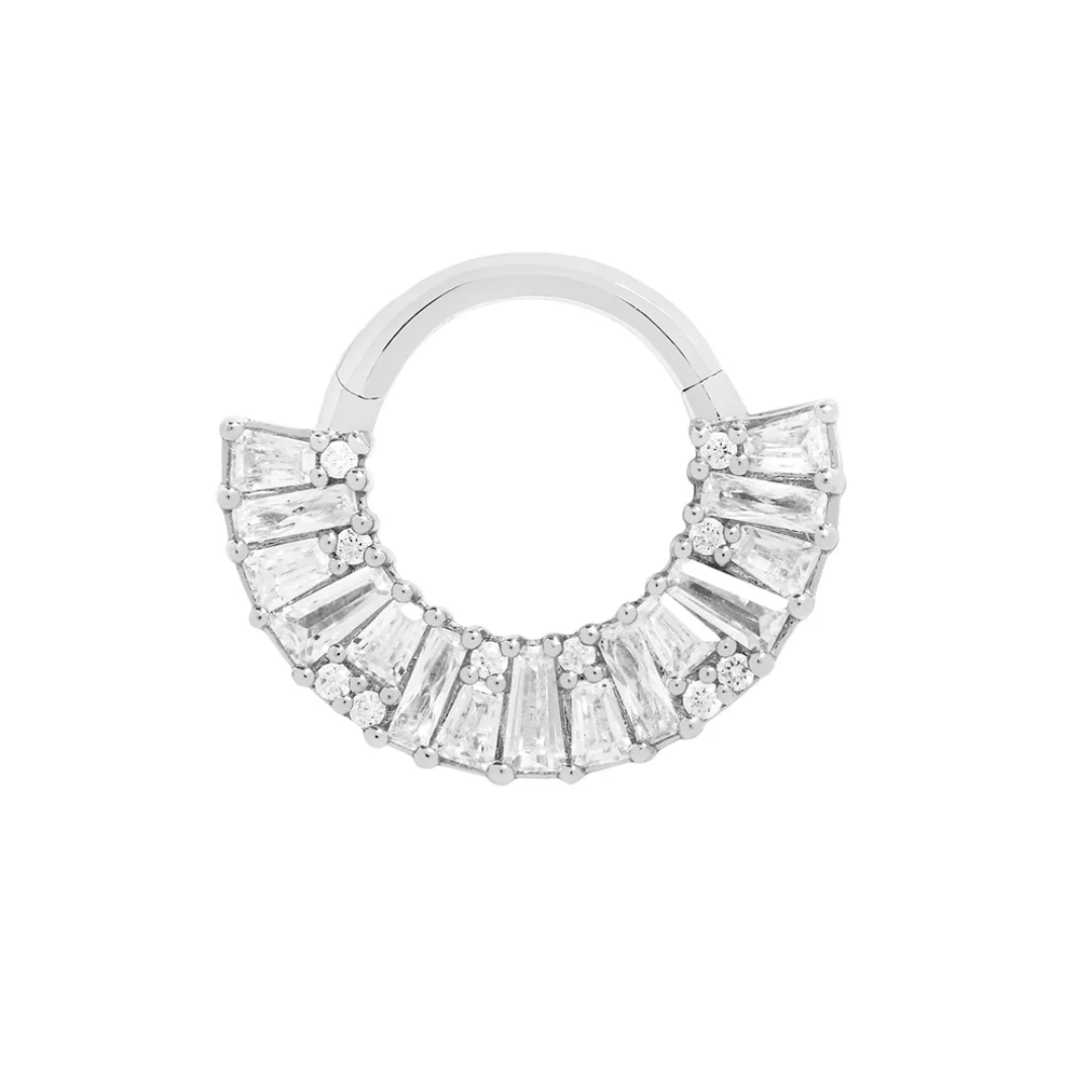 Amplify CZ Clicker – 14k Gold Hinged Ring with Baguette and Round Cubic Zirconia for Septum, Daith, and Cartilage Piercings