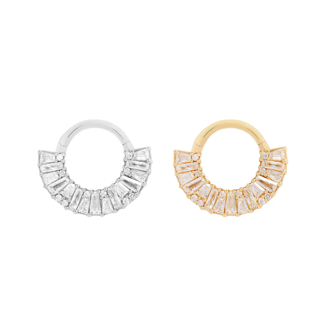 Amplify CZ Clicker – 14k Gold Hinged Ring with Baguette and Round Cubic Zirconia for Septum, Daith, and Cartilage Piercings