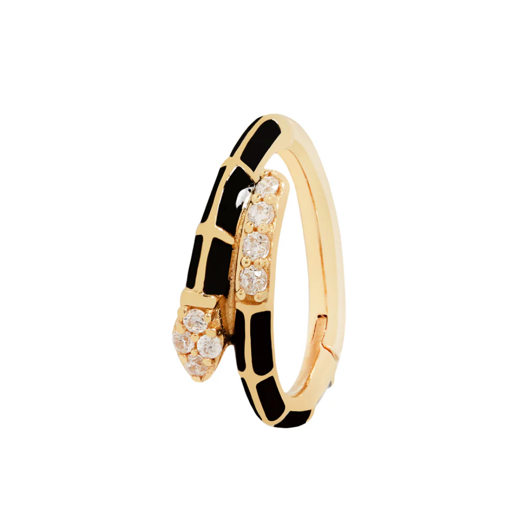Anti Hero Enamel CZ Clicker – 14k Gold Hinged Snake-Inspired Ring with Black Enamel and Cubic Zirconia for Septum, Daith, and Cartilage Piercings