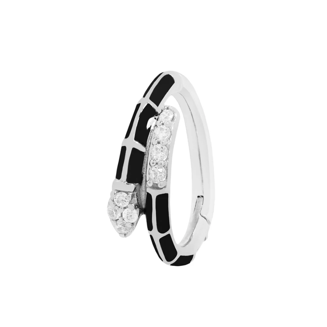 Anti Hero Enamel CZ Clicker – 14k Gold Hinged Snake-Inspired Ring with Black Enamel and Cubic Zirconia for Septum, Daith, and Cartilage Piercings