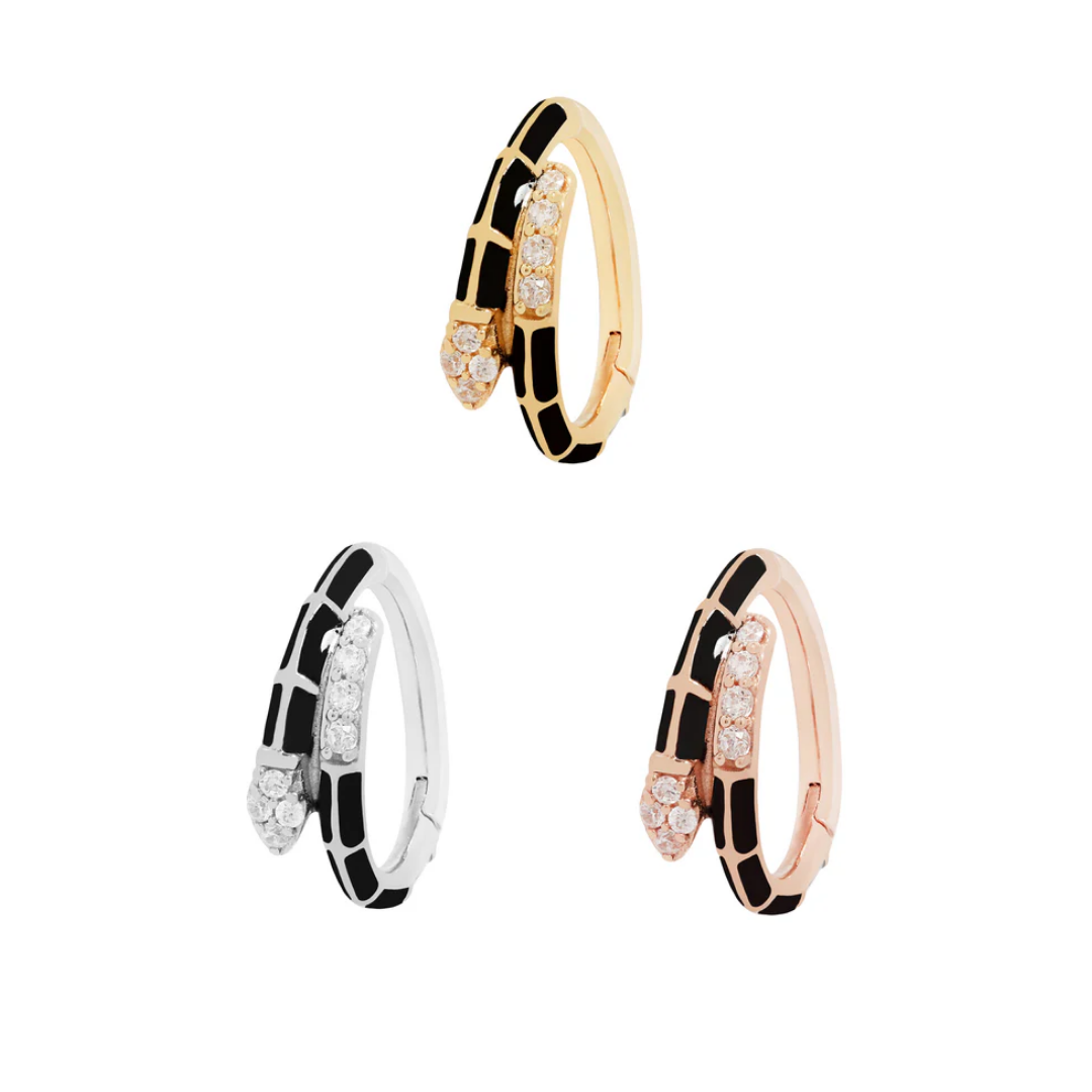 Anti Hero Enamel CZ Clicker – 14k Gold Hinged Snake-Inspired Ring with Black Enamel and Cubic Zirconia for Septum, Daith, and Cartilage Piercings