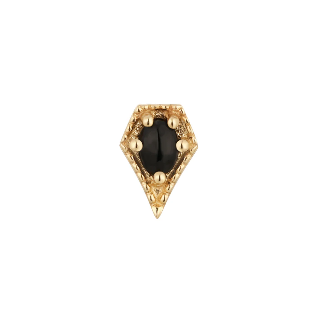 Cadence black spinel threadless end – 14k gold body jewelry in yellow, white, and rose gold, featuring a gothic-inspired geometric design