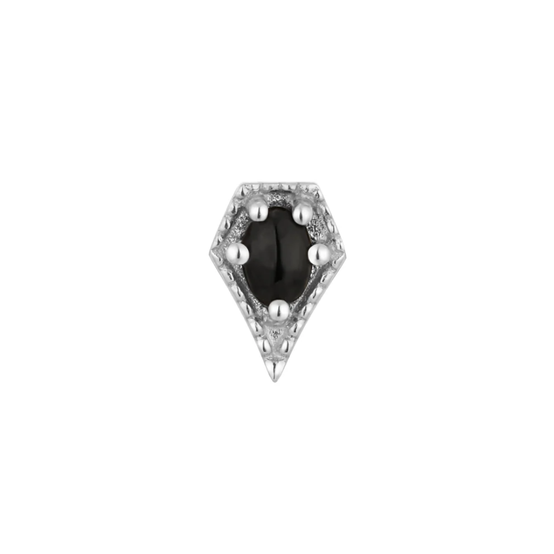 Cadence black spinel threadless end – 14k gold body jewelry in yellow, white, and rose gold, featuring a gothic-inspired geometric design