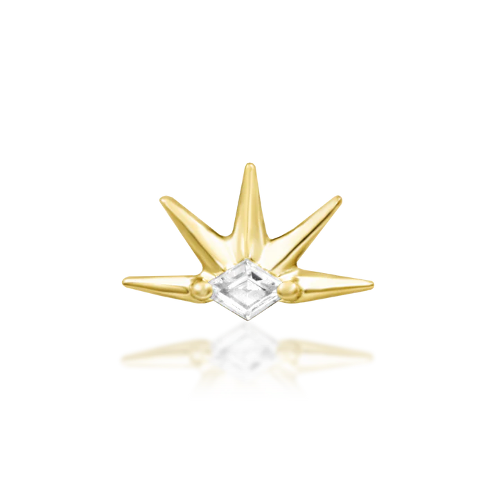Alt Text:
Risen 14k gold starburst piercing end with princess cut clear stone in yellow white and rose gold
