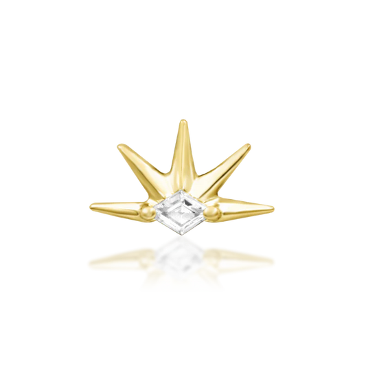 Alt Text:
Risen 14k gold starburst piercing end with princess cut clear stone in yellow white and rose gold
