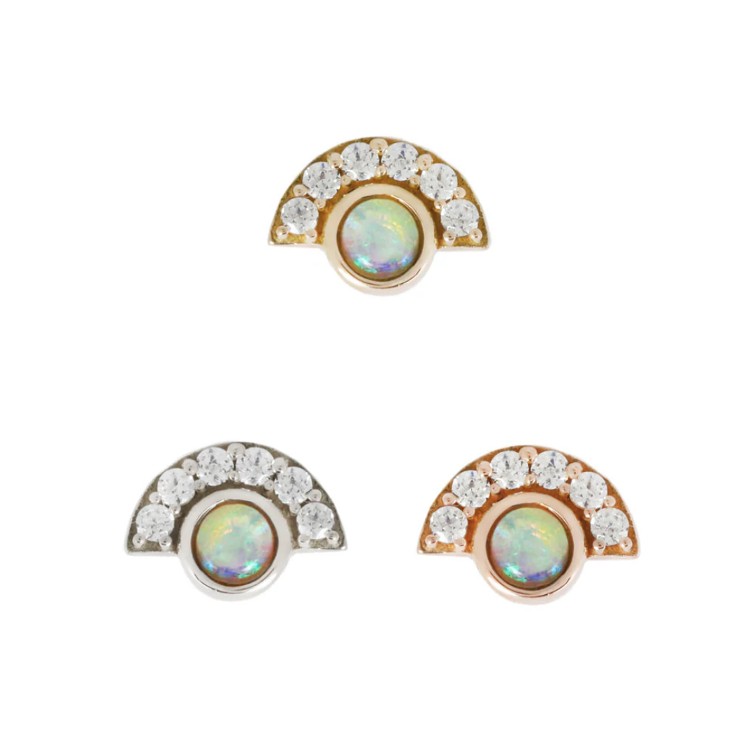  threadless ends featuring bezel-set opals framed by a semicircle of cubic zirconia stones, available in gold, white gold, and rose gold finishes.