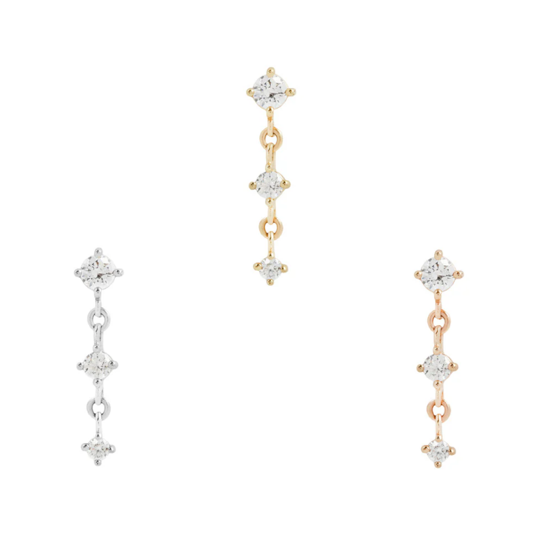 drop-style threadless ends featuring a trio of prong-set cubic zirconia stones linked vertically, shown in yellow gold, white gold, and rose gold