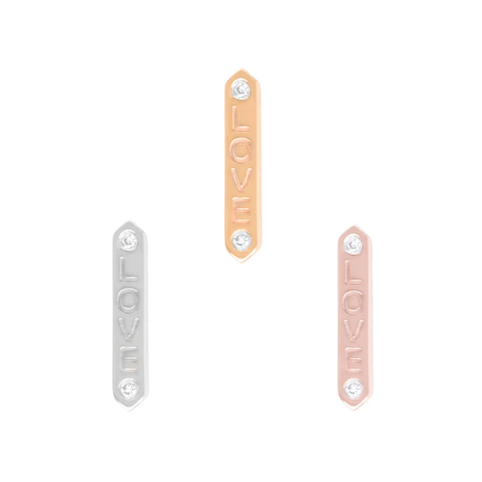 vertical bar threadless ends engraved with the word "LOVE," each set with diamonds at both ends in yellow, white, and rose gold.