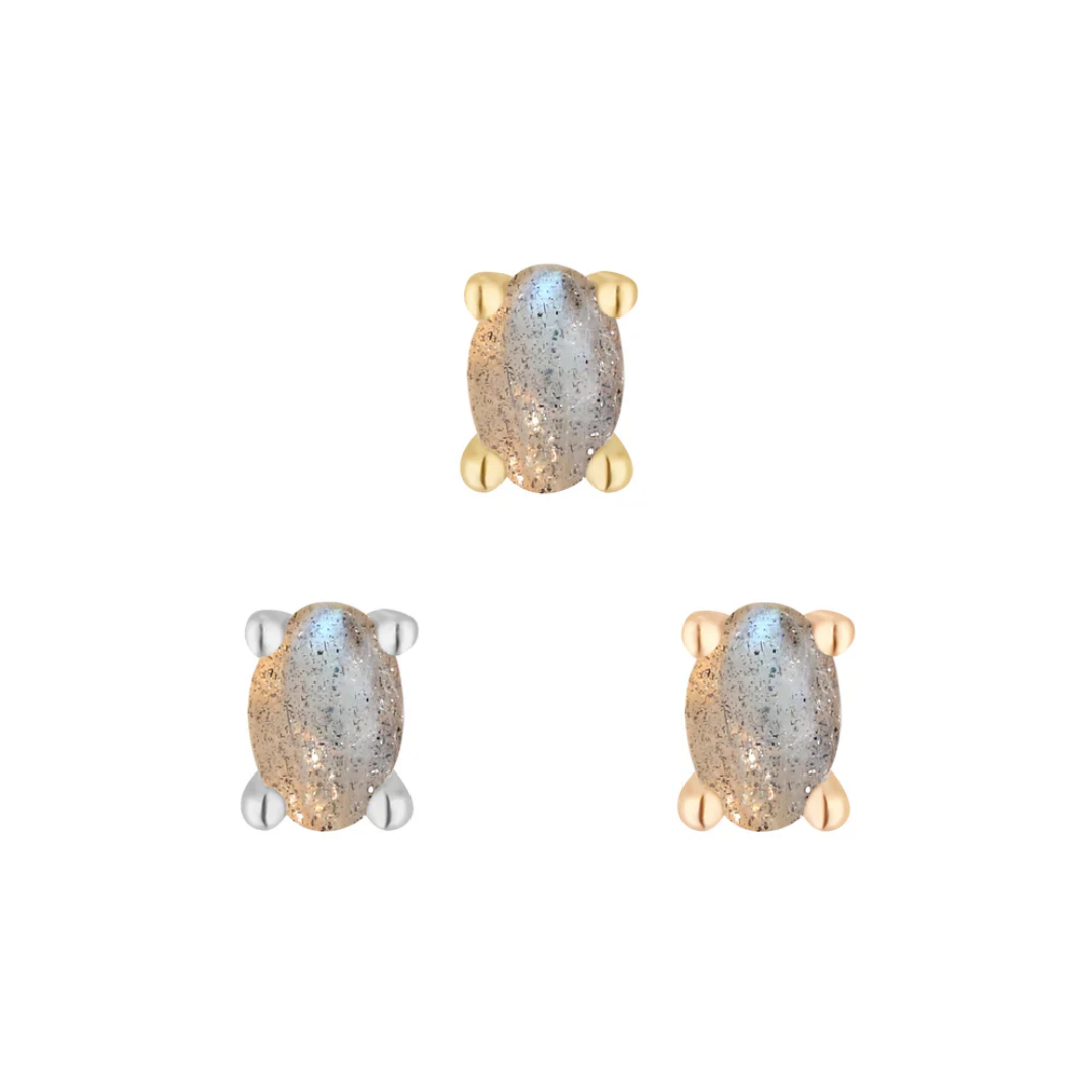 oval-cut labradorite threadless ends set in prong mountings, shown in yellow gold, white gold, and rose gold, featuring a natural iridescent shimme