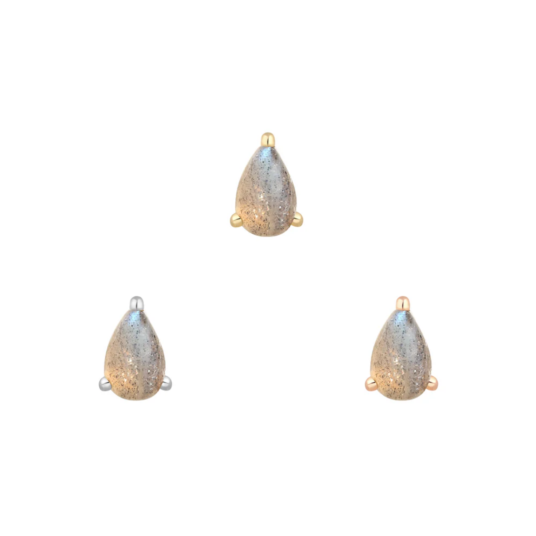 pear-shaped labradorite threadless ends with prong settings, displayed in yellow gold, white gold, and rose gold, showcasing the stone's natural shimmer and iridescence