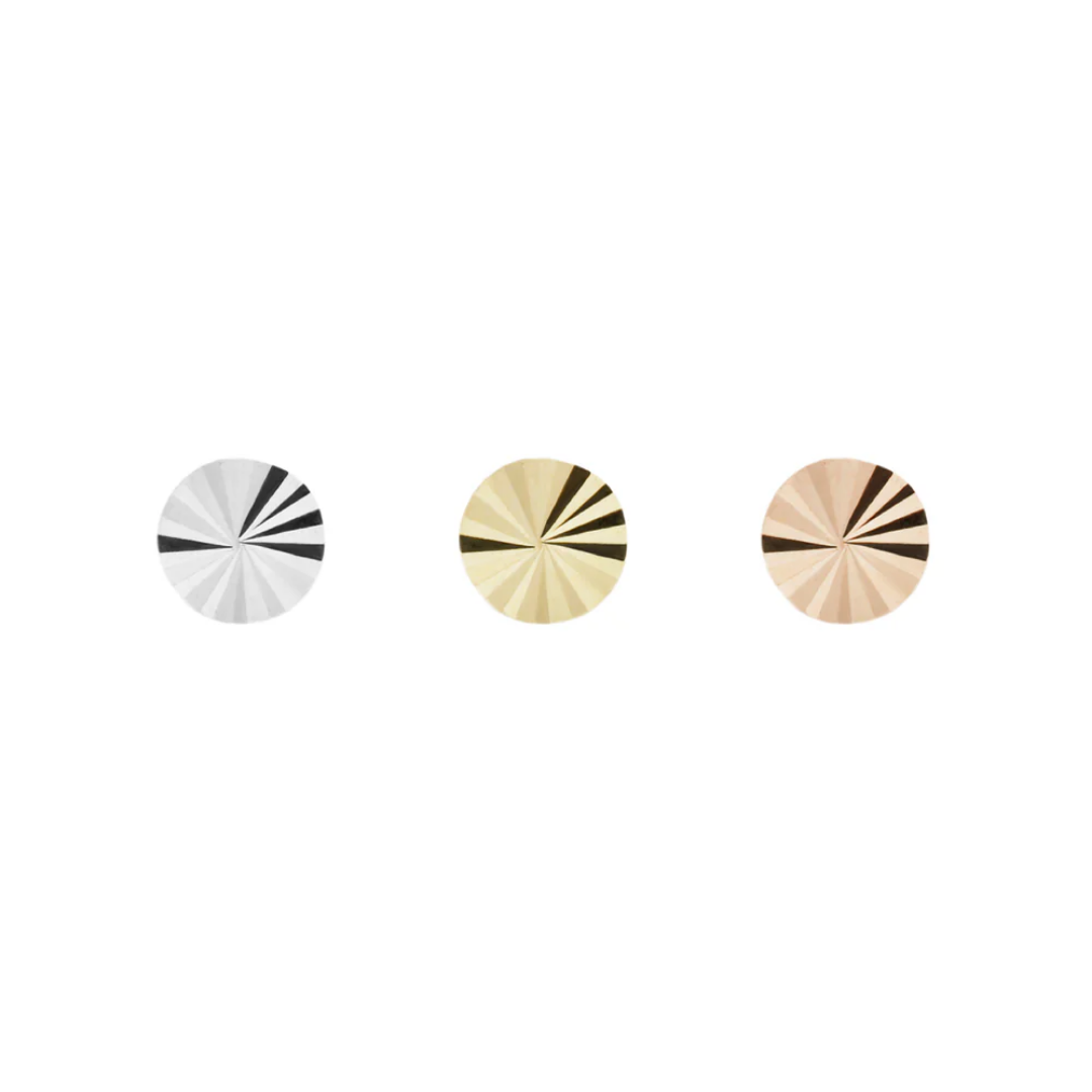 round Lazer Disk threadless ends with a radiating, engraved burst pattern, available in yellow gold, white gold, and rose gold finishes