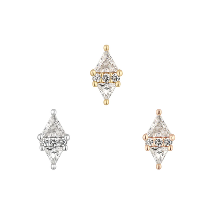 Le Tigre threadless ends featuring stacked triangle-cut cubic zirconia with a central row of round stones, available in yellow, white, and rose gold