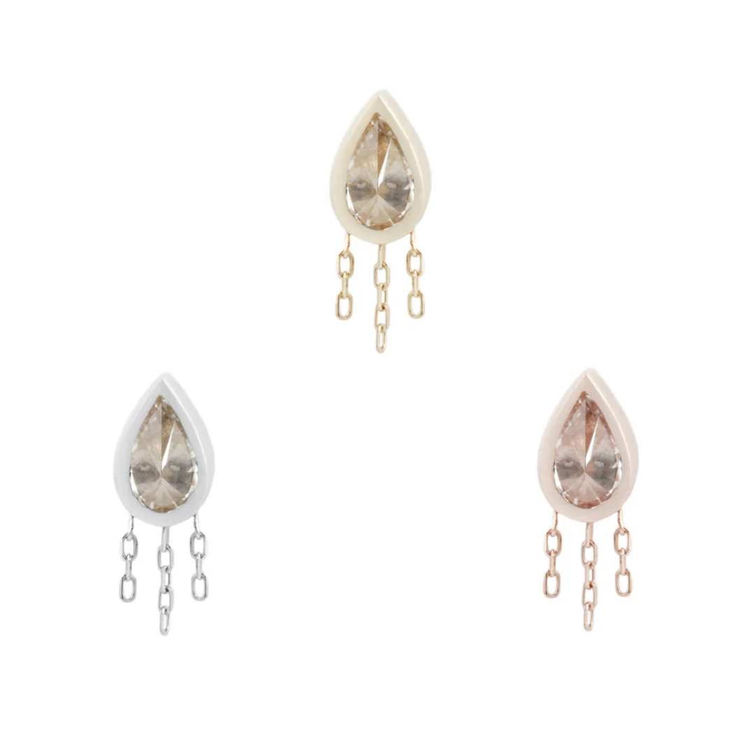 Let’s Dance threadless ends featuring pear-shaped cubic zirconia with triple chain dangles, shown in yellow, white, and rose gold settings