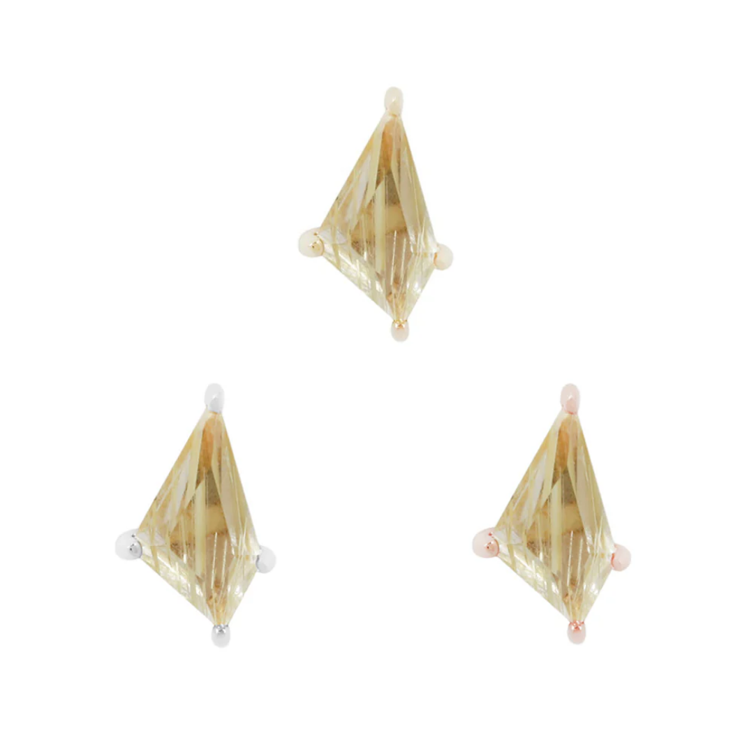 Limelight threadless ends showcasing faceted rutilated quartz in a kite-shaped cut, set in yellow, white, and rose gold prong settings