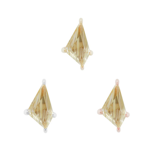 Limelight threadless ends showcasing faceted rutilated quartz in a kite-shaped cut, set in yellow, white, and rose gold prong settings