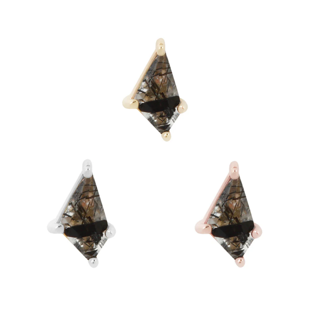 Limelight threadless ends featuring faceted tourmalated quartz in a kite-shaped design, displayed in yellow, white, and rose gold prong settings